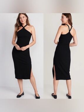 Old Navy Black Cross-Neck Ribbed Bodycon Midi Dress Size M Tall